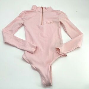 UEC Guess high collar baby pink bodysuit rose gold zipper XS